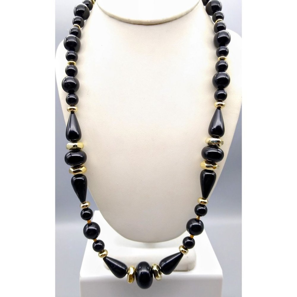 Chic Vintage Black Lucite Beads Necklace with Gold Tone Spacers, Lovely Basic